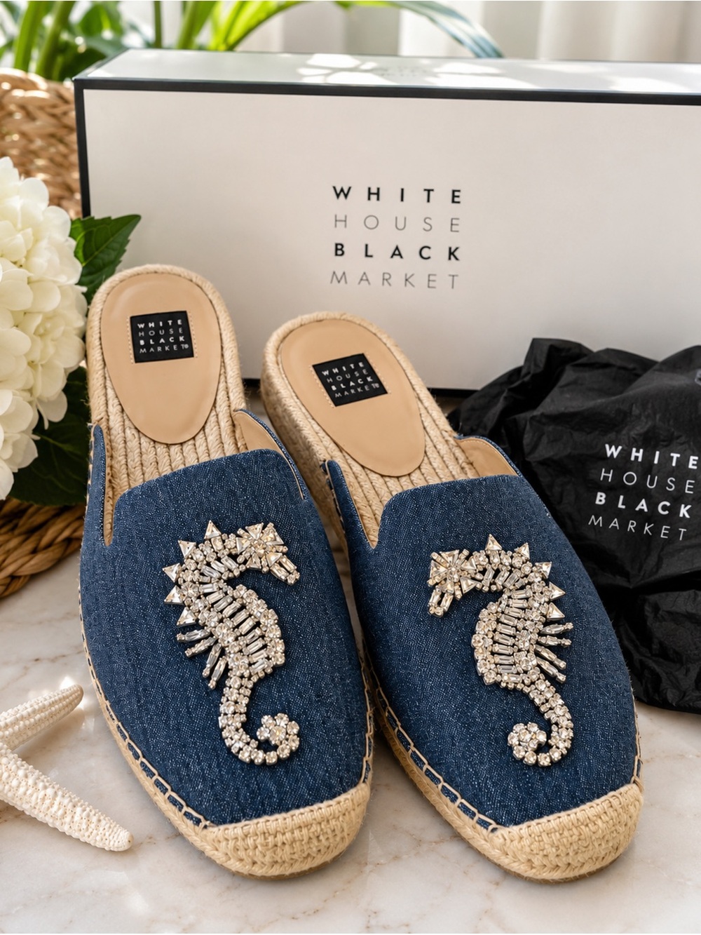 WHBM Josi Jeweled Seahorse Denim Espadrille Slides 9.5